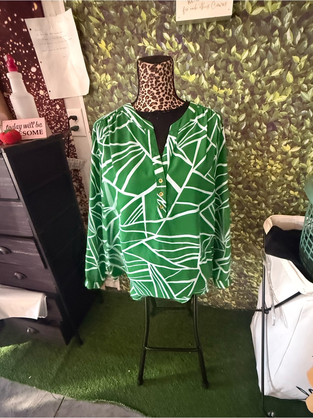 Green Geometric V-Neck Women's Top